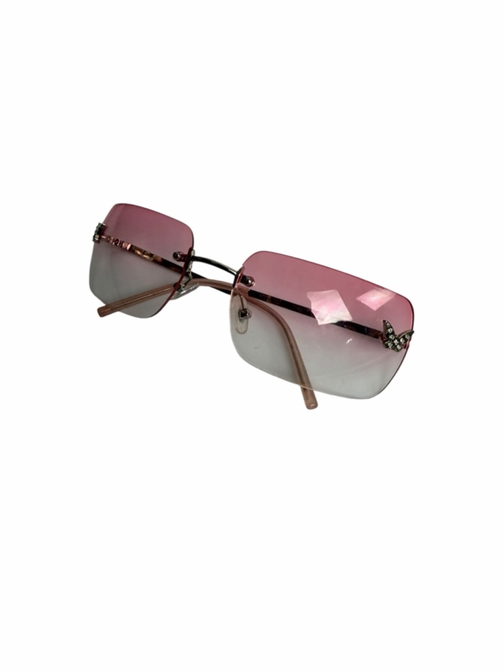 Y2K Rimless Pink Gradient Sunglasses Butterfly Rhinestone Rectangle Shades